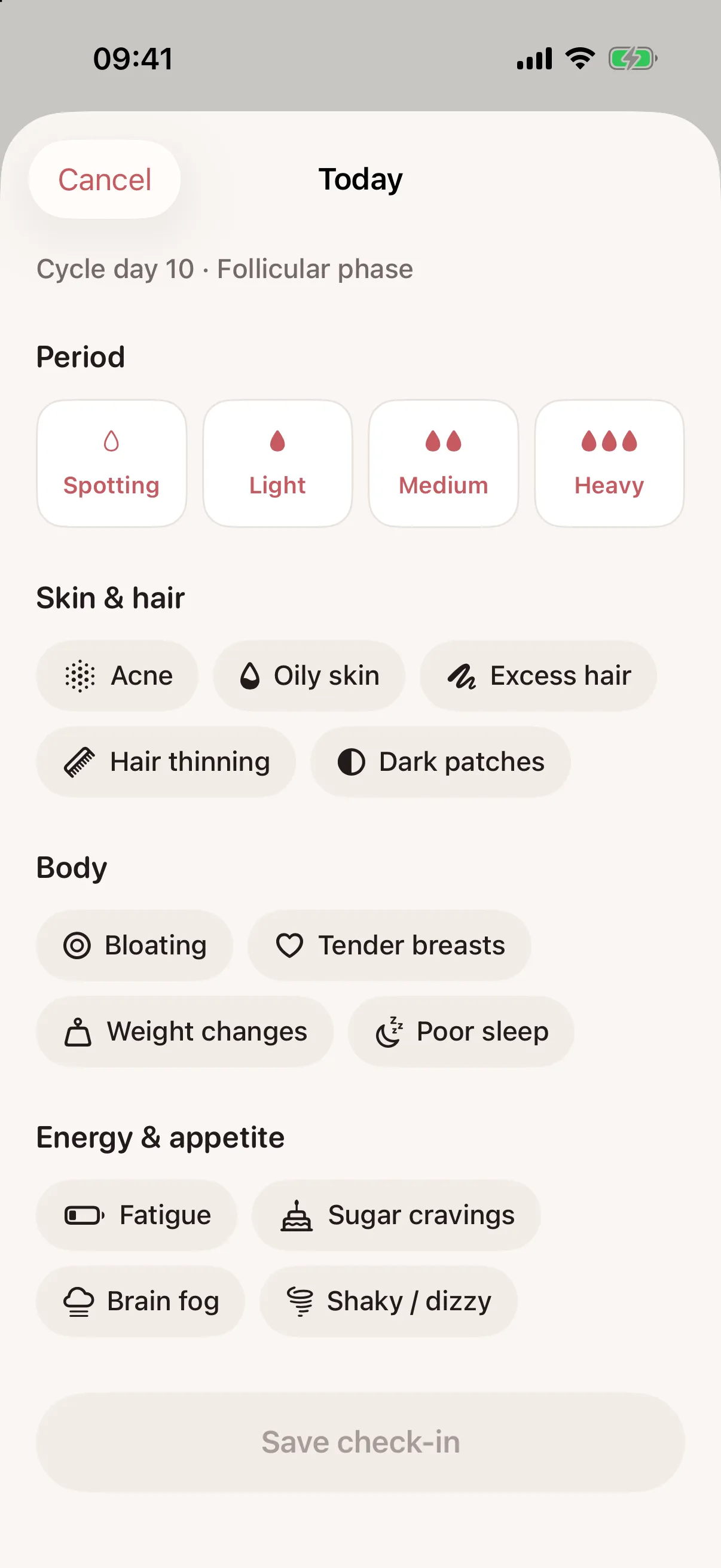 Ovra daily check-in with symptom chips grouped into skin and hair, body, and energy