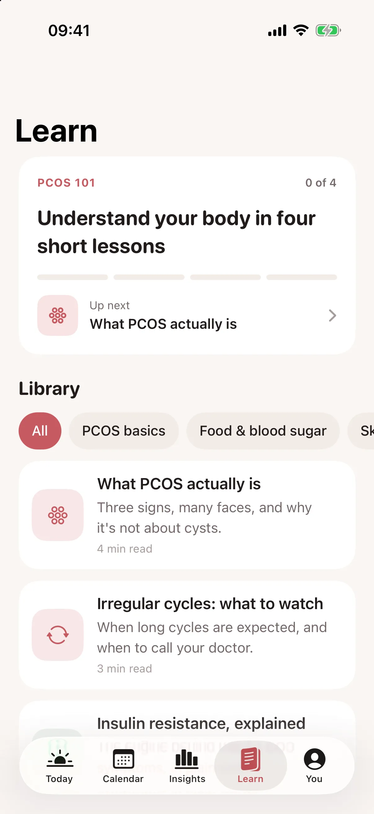 Ovra learn tab with the PCOS 101 course and article library