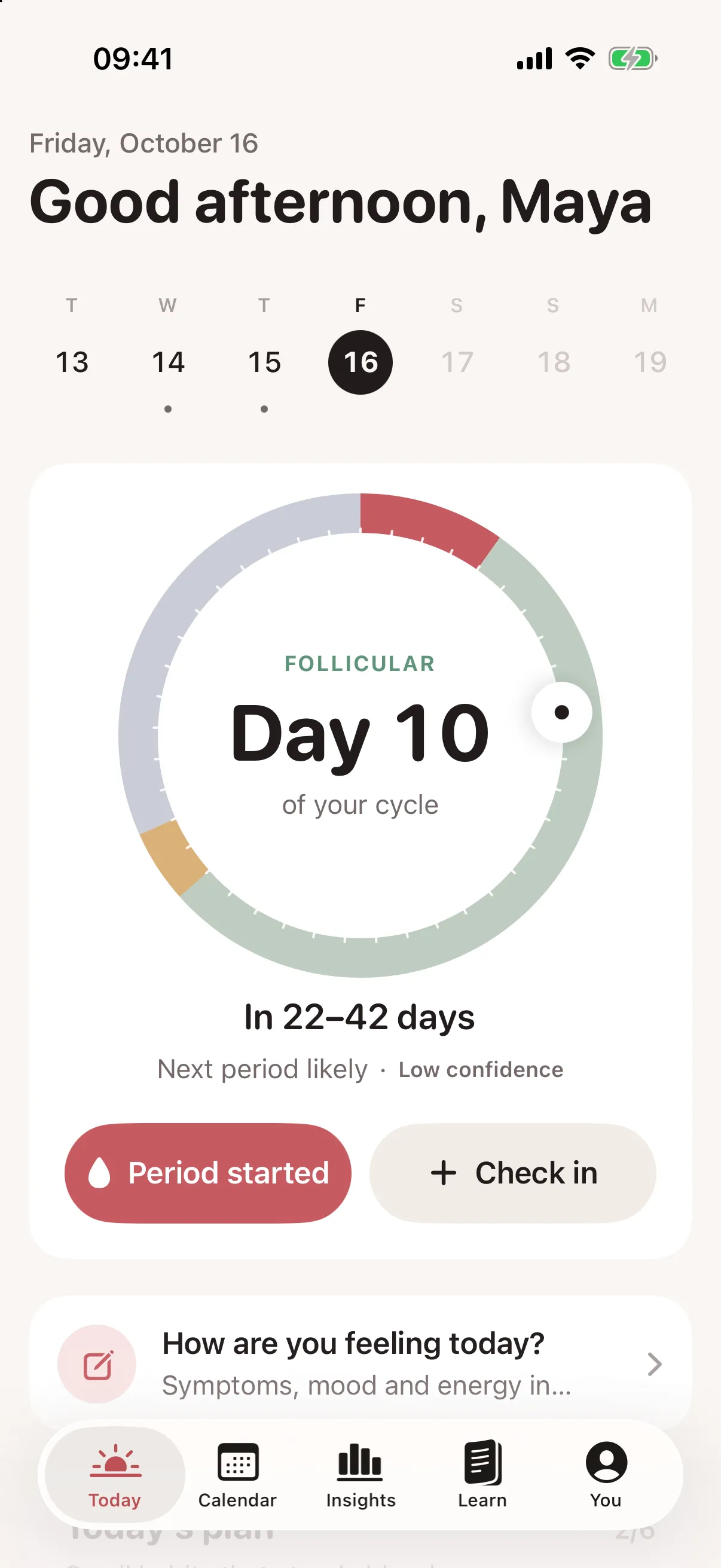 Ovra today screen showing cycle day 10 and the next period likely in 22 to 42 days